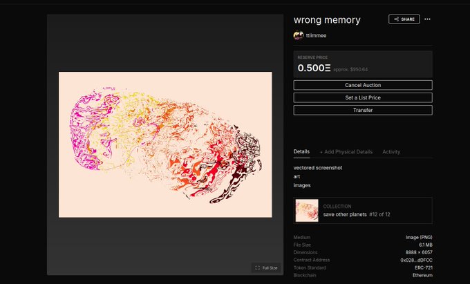 A digital art NFT titled "wrong memory" by tlimmae, displaying an abstract red and pink pattern on a cream background, listed on an auction platform with a starting bid of 0.500 ETH (~$950.64).