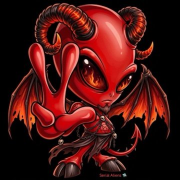 A cartoon red devil character with ram horns, wings, clawed hands, and fire-filled eyes poses on a black background.