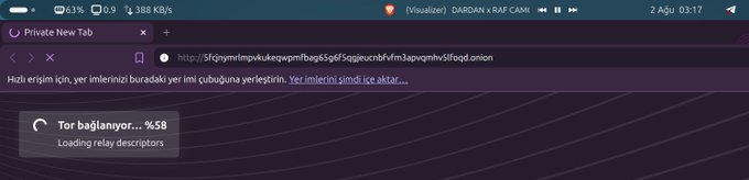 A mobile browser screenshot showing the Tor Browser connecting to an .onion address, displaying 'Tor bağlantıyor... %58 Loading relay descriptors' with Turkish error message text above.