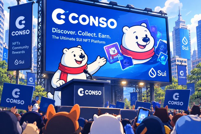 A promotional illustration for 'CONSO' featuring two polar bears wearing red scarves, with the tagline 'Discover. Collect. Earn. The Ultimate SUI NFT Platform' displayed on a billboard with 'Sui' branding.
