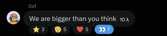 A comment from user "0xf" reads "We are bigger than you think 10 λ" with reaction emojis showing 3 stars, 5 light-skin face, 5 hearts, and 7 thumbs-ups, expressing agreement with the post's message about Cashmere Labs being bigger than expected.