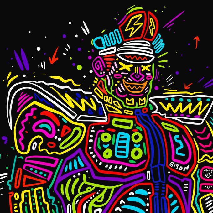 A vibrant, neon-colored abstract illustration of a figure in intricate armor with lightning bolts and mechanical details against a black background, signed 'Bison' with a 'SMILE' label.