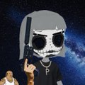 A chibi-style cartoon character with grey hair and a skull mask holding a pistol, set against a starry space background.