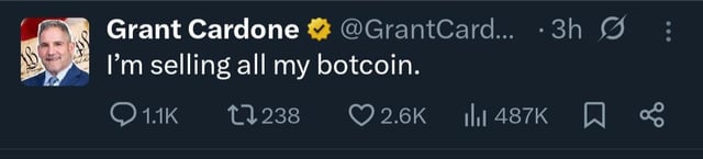 The image features a post by Grant Cardone, who has sold all of his Bitcoins. The post includes a photo of the man selling Bitcoin, along with a caption that reads "I'm selling all my botocoin". The post also contains several social media icons and logos, including Twitter handles for @grantcardone and #bitcoin, as well as a hashtag related to the topic.