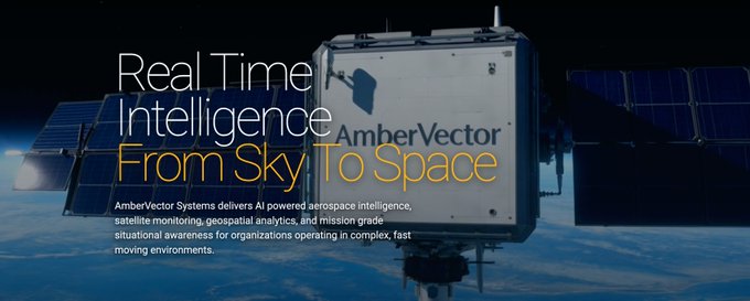 The image features a satellite with the text "Real Time Intelligence From Space" written above it, along with an image of a satellite. The caption below the image reads "Just In: Private Aerospace Intelligence Company AmberVector Systems tokenizes its equity on $XRP Ledger". This suggests that the company is offering tokens to raise capital for their business and uses cryptocurrency as part of their financial strategy.