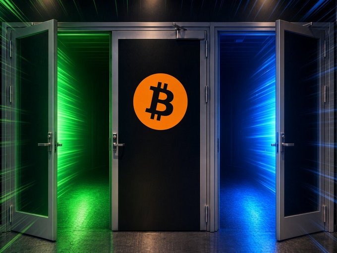 Three doors stand side by side, with the central black door displaying an orange Bitcoin logo, flanked by an open door revealing a green-lit tunnel on the left and another open door showing a blue-lit tunnel on the right.