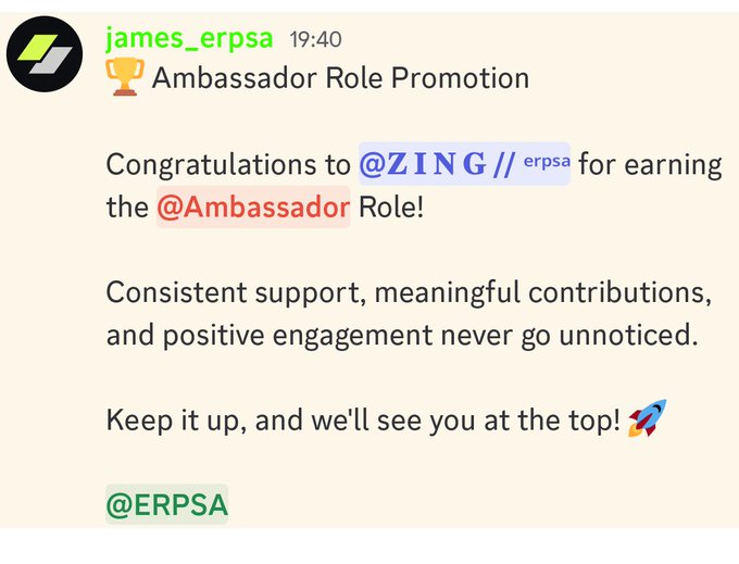 A Discord message from user 'james_erpsa' announcing an 'Ambassador Role Promotion' for @ZING with the handle erpsa, congratulating them on earning the @Ambassador role.