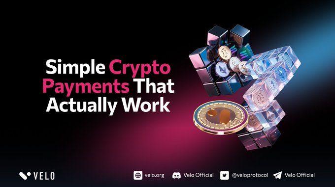 The image features a poster for a new payment system called "VELO PayFi" that allows users to send and receive payments using real banking rails, crypto speed, smart contracts, and yield. The poster also includes a coin image of a Rubik's cube with the text "Simple Crypt payments that actually work".