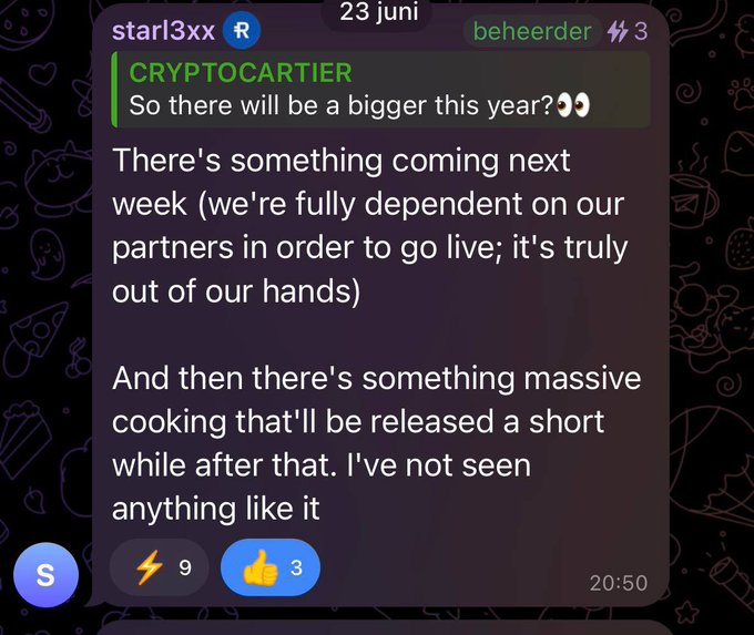 A Discord message dated June 23 from user "starl3xx" (marked as a "beheerder"/admin) reveals hints about an upcoming major announcement, stating "There's something coming next week" and "there's something massive cooking that'll be released a short while after that. I've not seen anything like it" — teasing the big development mentioned in the accompanying post about Reserve Protocol ($RSR).