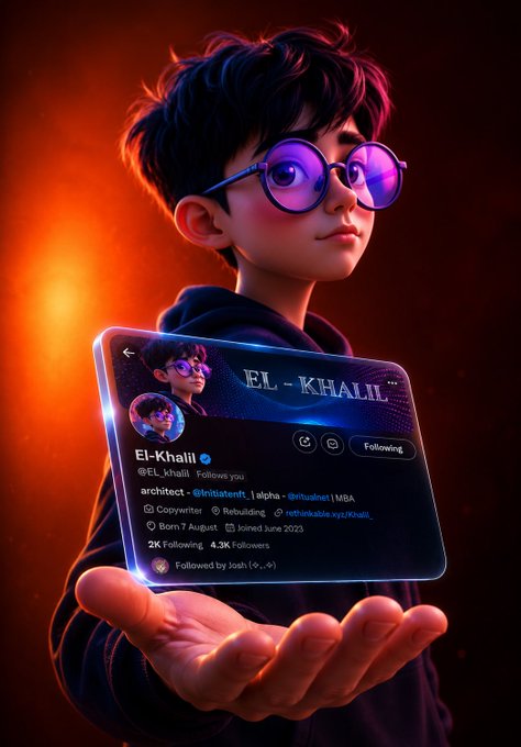 A 3D digital rendering of a young boy with purple glasses holding a floating holographic profile card displaying the X/Twitter handle '@El_khalii' with 4.3K followers.