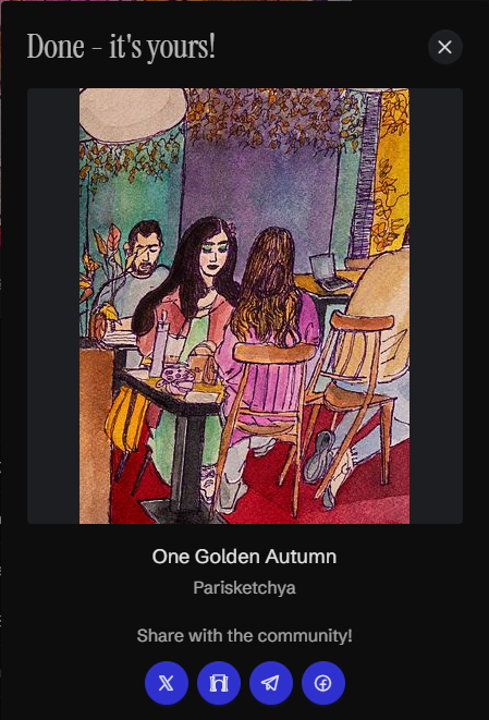 A screenshot of an art app showing a completed artwork titled 'One Golden Autumn' by Parisketchya, featuring a watercolor illustration of figures seated at a cafe table.