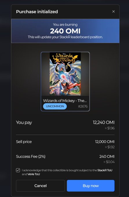 A digital purchase confirmation modal shows the user burning 240 OMI to buy an "UNCOMMON" Wizards of Mickey NFT (#2676) for 12,240 OMI (≈$196), with a success fee of 240 OMI. The image aligns with the post's casual collector sentiment, capturing a stackr.run NFT transaction on the OMI blockchain.