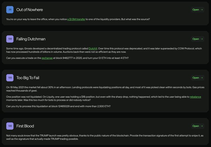 Dark-themed DeFi challenge webpage listing tasks: 'Out of Nowhere' (#5), 'Falling Dutchman' (#100), 'Too Big To Fail' (#100), and 'First Blood' (#100), each with descriptions involving blockchain transactions and an 'Open' button.