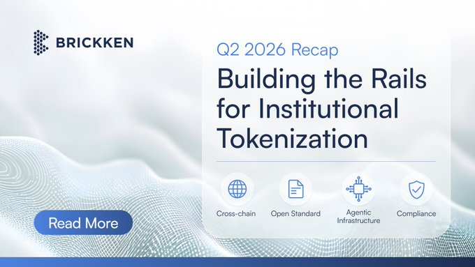 A Brickken Q2 2026 Recap banner titled "Building the Rails for Institutional Tokenization," highlighting four pillars—Cross-chain, Open Standard, Agentic Infrastructure, and Compliance—aligned with the post's message about establishing hard standards, operational maturity, and at-scale deployment as tokenization becomes embedded infrastructure in modern capital markets.