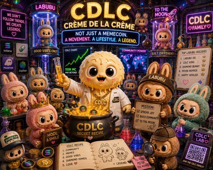 A vibrant promotional graphic for 'CDLC CRÈME DE LA CRÈME' featuring Labubu-style characters, a chart, and a recipe book in a neon-lit setting.