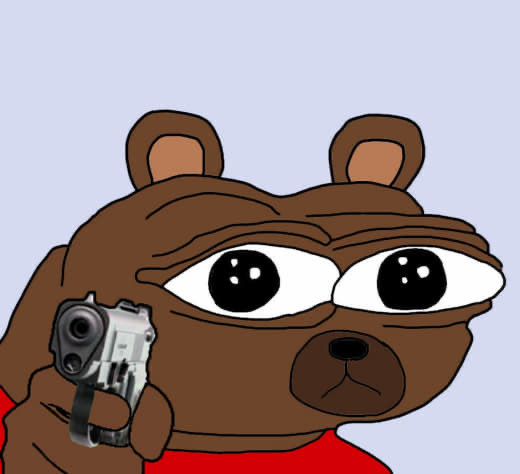A cartoon drawing of a brown bear with large eyes holding a realistic silver and black handgun, set against a gray background.