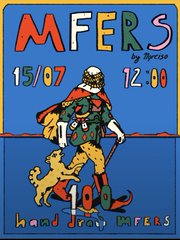 Colorful poster reading 'MFERS 15/07 12:00 by mfers' featuring a cartoon figure with a dog and text 'head drop MFERS' at the bottom.