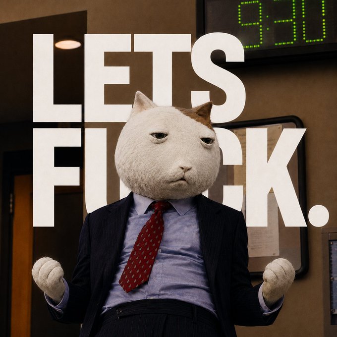 A humorous meme featuring a person in a dark suit and red tie wearing a white and orange cat head mask, standing in front of a digital clock displaying '9:30', with large white text overlay reading 'LETS FUCK.'