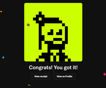 A pixel-art style notification card featuring a character with a beard and pointed hat on a bright green background, reading 'Congrats! You got it!' with buttons for 'View receipt' and 'View on Profile'.