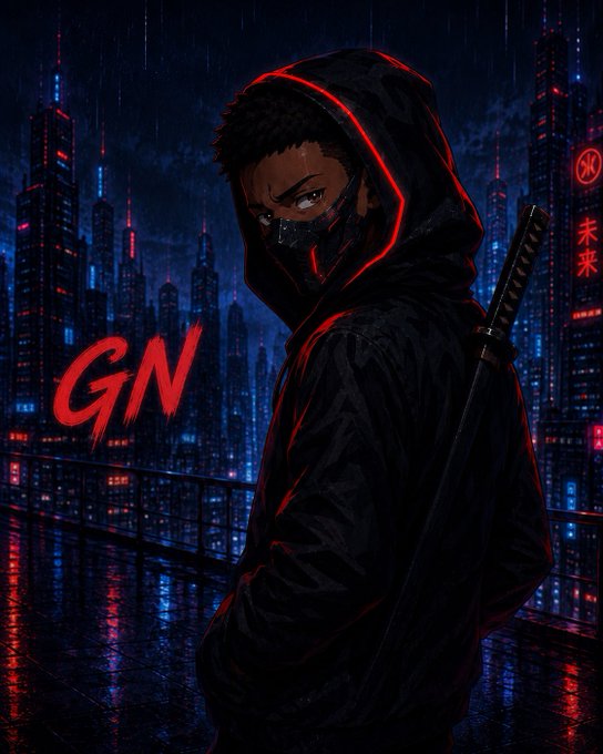 Anime-style artwork features a hooded ninja character with red glowing accents standing in a rainy, neon-lit cyberpunk cityscape with 'GN' and '未来' (future) text.