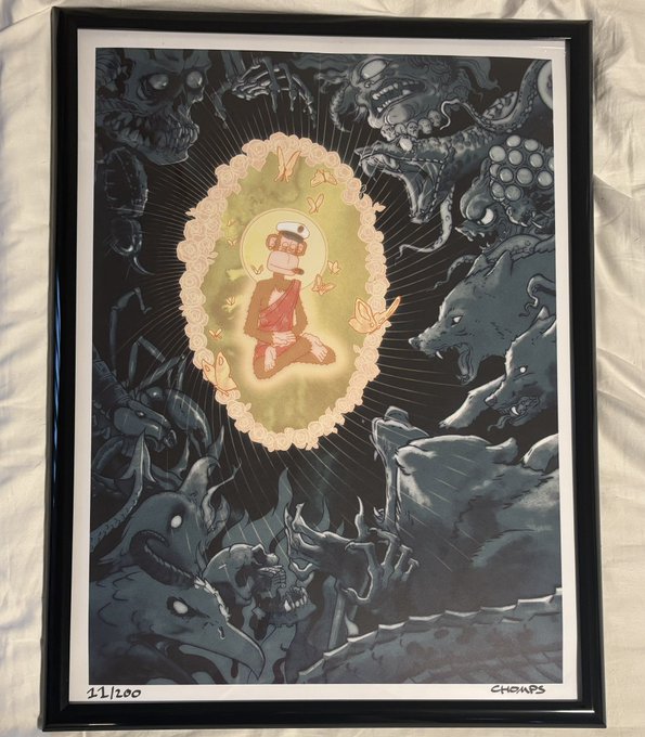 A framed, numbered (11/200) art print signed 'CHOWS' depicts a small kneeling figure with a halo surrounded by menacing demonic creatures and skulls on a black background.