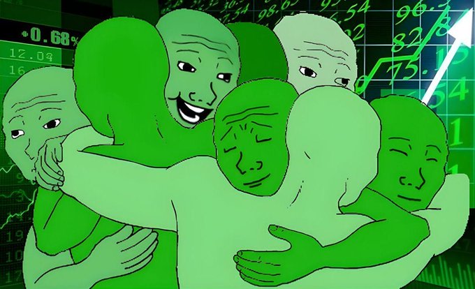 A meme illustration featuring multiple green Wojak-style bald figures embracing each other in a group hug against a background of green stock market charts and numbers showing an upward trend.