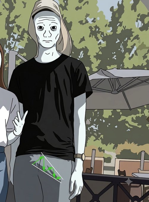 An anime-style illustration of a pale character with blonde hair wearing a black t-shirt and beanie, standing outdoors near an umbrella with a stock chart visible on their pants showing a downward green trend.