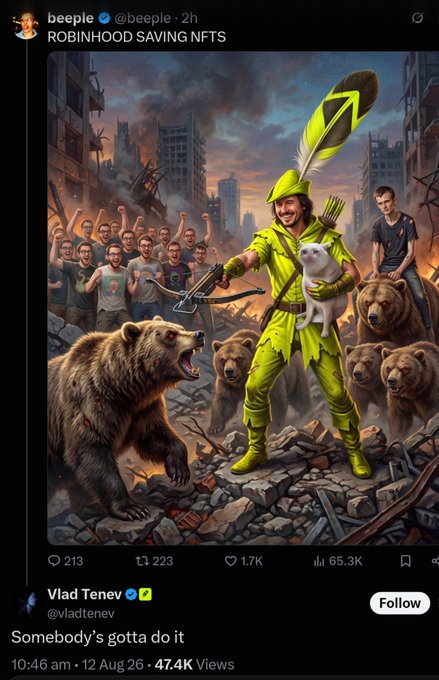 The image is a tweet by Beeple (@beeple) captioned "ROBINHOOD SAVING NFTS," showing a Robin Hood-like figure in green holding a white cat surrounded by bears amid rubble, with Vlad Tenev (@vladtenev) replying "Somebody's gotta do it." The illustration visually reinforces the post's claim that Robinhood is "ahead" on memes and NFTs, depicting the platform as a heroic defender protecting NFT holders from bearish market forces.