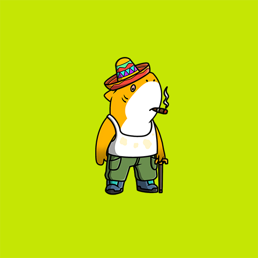 A cartoon illustration of a fish character wearing a colorful sombrero, a white tank top, and green cargo pants, holding a cane and smoking a cigar against a bright green background.