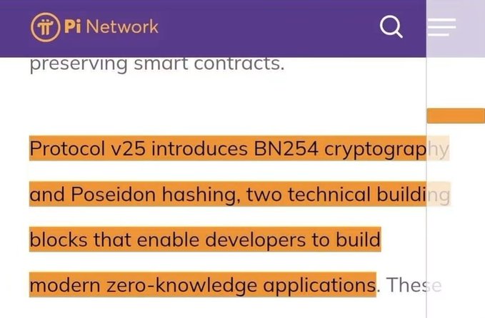 A screenshot from the Pi Network website displaying highlighted text that announces "Protocol v25 introduces BN254 cryptography and Poseidon hashing, two technical building blocks that enable developers to build modern zero-knowledge applications." The highlighted passage visually emphasizes the core announcement about Pi Network's Protocol v25 upgrade and its two key cryptographic features enabling zero-knowledge (ZK) applications.