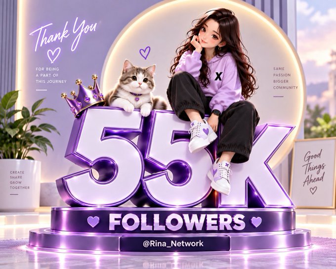 A digital graphic celebrating '55K FOLLOWERS' featuring an anime-style girl in purple, a cat with a crown, and text including 'Thank You', 'FOR BEING A PART OF THIS JOURNEY', and '@Rina_Network'.