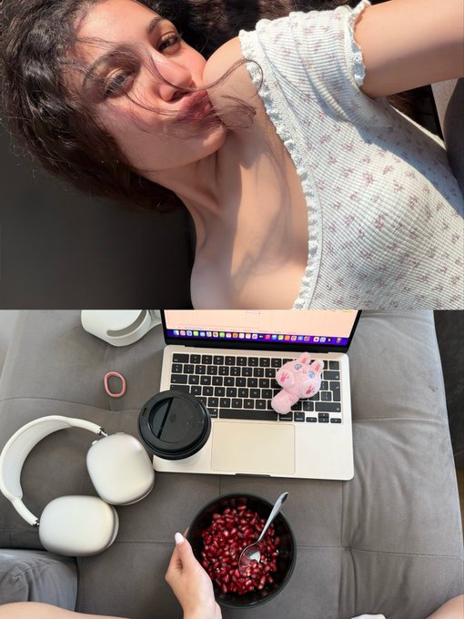 A split image showing a woman in a floral top pulling a strand of her long dark hair across her face on top, and below, an overhead view of a laptop, white headphones, a pink bunny keychain, and a hand holding a bowl of pomegranate seeds.