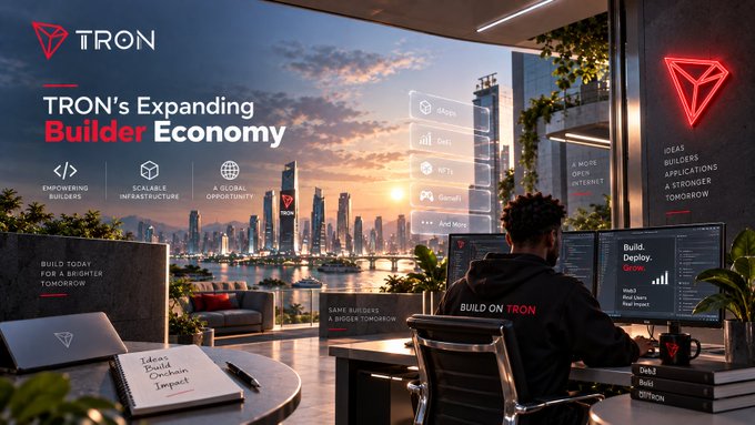 A promotional graphic for TRON featuring text "TRON's Expanding Builder Economy" alongside a developer working at dual monitors with a city skyline at sunset visible through the window.