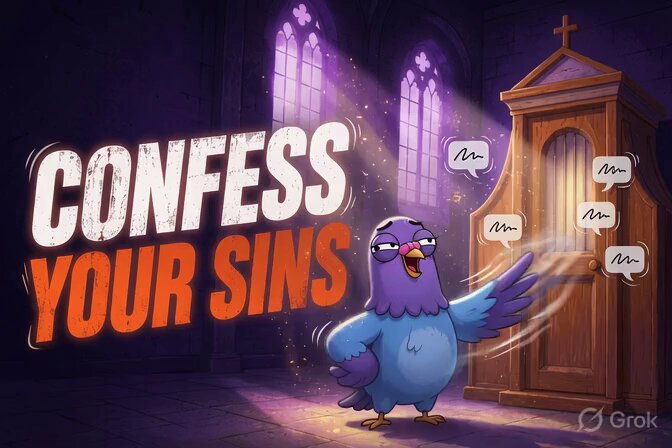 The image features a cartoon bird with wings spread wide as if it's singing or speaking into a microphone. The background of the image shows an old church, which adds to the overall atmosphere of the scene. In front of the bird, there is text that reads "Confess Your Sins". This phrase seems to be related to a game or challenge involving the bird and its surroundings.