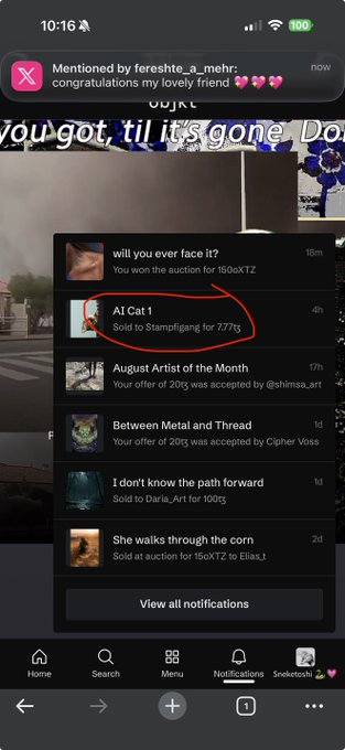 A mobile screenshot of a social media app displaying notifications, with a red hand-drawn circle highlighting the text "AI Cat 1 - Sold to Stampfigang for 7.77tx".