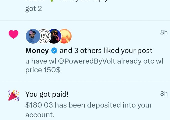 A notification screenshot showing "Money and 3 others liked your post" with a comment offering a win/loss bet at $150, followed by a payment alert confirming "$180.03 has been deposited into your account." The image directly supports the post's claim of winning $180, visualizing the successful receipt of payment from the bet.