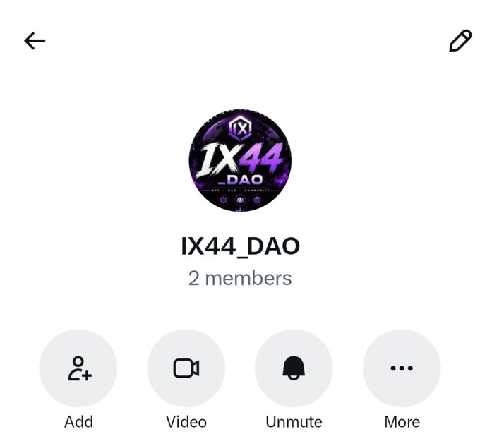 A mobile app screen showing a group chat header for "IX44_DAO" with 2 members, featuring the group's purple and black "1X44_DAO" logo along with Add, Video, Unmute, and More action buttons. The image illustrates the creator's newly opened DAO community group chat where they are inviting people to join, directly matching their post about adding members to the IX44_DAO group.