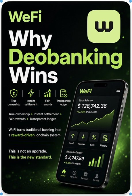 A promotional graphic for 'WeFi' with the headline 'Why Deobanking Wins,' highlighting features like true ownership, instant settlement, fair rewards, and transparent ledger, showing a smartphone mockup displaying a balance of $128,742.36 and $3,247.89 in rewards earned.