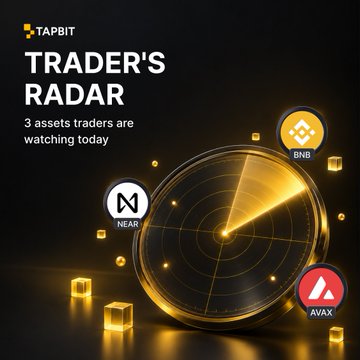A TapBit 'Trader's Radar' graphic highlighting 3 assets being watched: BNB, NEAR, and AVAX with a radar/sonar visual design.