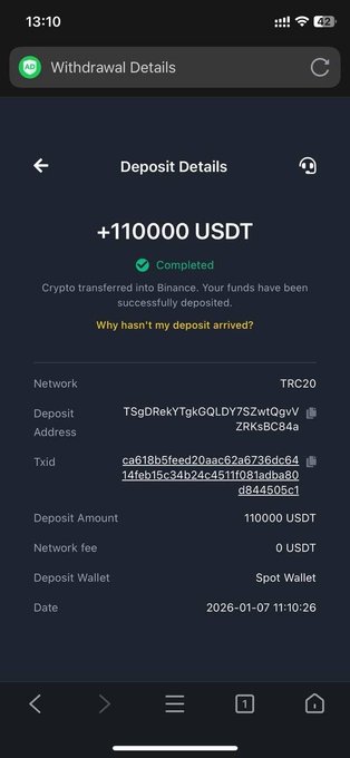 The image shows a Binance withdrawal/deposit details screen confirming a completed deposit of +110,000 USDT via TRC20 network to a spot wallet on 2026-01-07. The image appears to serve as proof of funds to support the poster's giveaway claim of giving $2,500 to a random commenter, demonstrating they have substantial crypto holdings to back the promise.