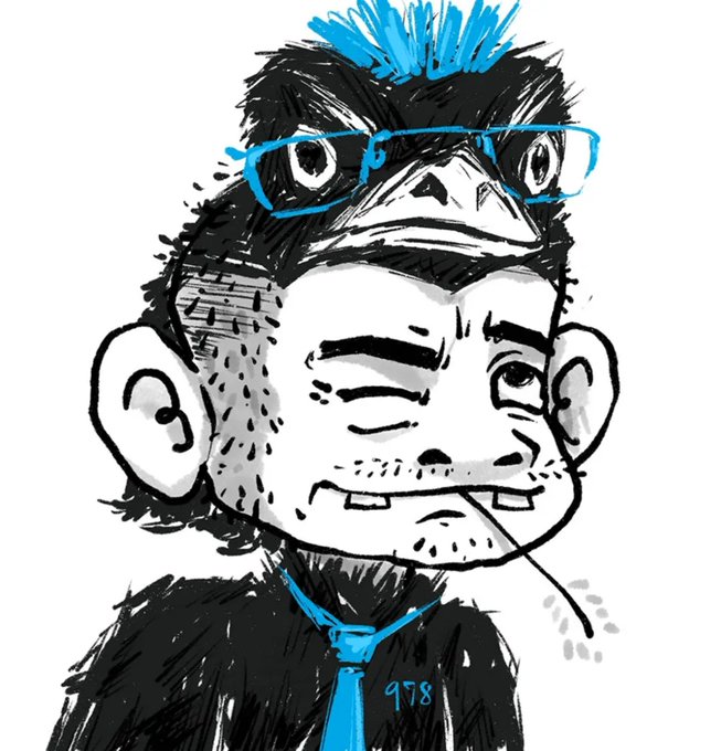 A black and white digital sketch of a weary-looking man with stubble and a bird (resembling a crow) on his head wearing blue glasses, with a blue tie and the number "978" visible.