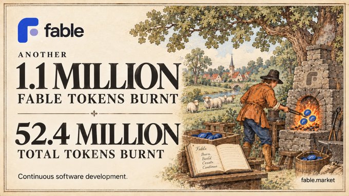 A vintage-style illustration shows a blacksmith-like figure tending to a stone forge where Fable tokens appear to be burning, with an open book beside him. Bold text announces "Another 1.1 Million Fable Tokens Burnt" and "52.4 Million Total Tokens Burnt" alongside the fable.market website, visually reinforcing the post's message about Fable's ongoing token burning initiative.
