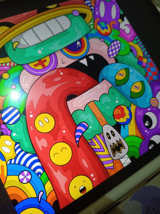A vibrant, psychedelic digital illustration featuring a colorful monster face with an extended red tongue, multiple eyes, and playful cartoon elements, presented as the artist's new artwork while they wait to resolve a minting issue with @xrpcafe. The bold, trippy style reflects the creative energy behind the new piece they're sharing with the community.