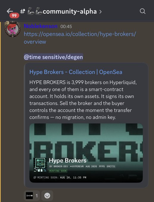 A Discord message in #community-alpha shares an OpenSea link to the Hype Brokers collection (3,999 brokers on Hyperliquid), with a post noting that the NFT minted for $2 about an hour ago with a limit of 4 per wallet.