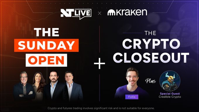 A promotional graphic for 'XT LIVE x Kraken' combining 'THE SUNDAY OPEN' and 'THE CRYPTO CLOSEOUT' with photos of four hosts on the left and guest 'Follis' plus 'Credible Crypto' on the right.