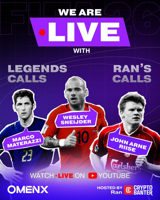 A live stream promotional poster featuring soccer legends Marco Materazzi, Wesley Sneijder, and John Arne Riise for 'Legends Calls' and 'Ran's Calls' on YouTube, hosted by Crypto Banter.