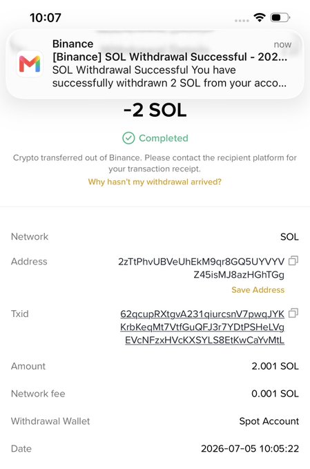 A Binance withdrawal confirmation showing 2 SOL successfully sent to address 2zTtPhvUBVeUhEkM9qr8GQ5UYVYVZ45isMJ8azHGhtTGg, transaction ID 62qc...MtL, with a 0.001 SOL network fee from the Spot Account, serving as proof of payment for the previous day's $SOL giveaway winner.