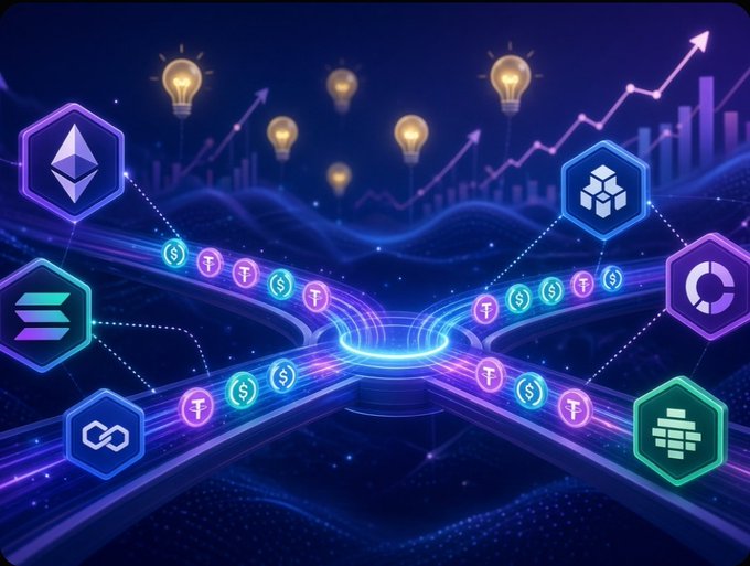 A futuristic digital illustration depicts multiple cryptocurrency blockchains—including Ethereum, Solana, and Polygon—connected through a glowing central bridge hub where Tether (₮) and dollar ($) stablecoin tokens converge, with rising market charts and lightbulb icons symbolizing missed opportunities in the background, visually reinforcing the message about the high opportunity cost of slow cross-chain stablecoin transfers.