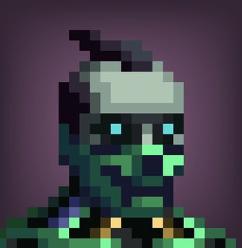 A pixel art illustration of a green-skinned zombie or undead character with glowing blue eyes and an eyepiece against a dark purple background.
