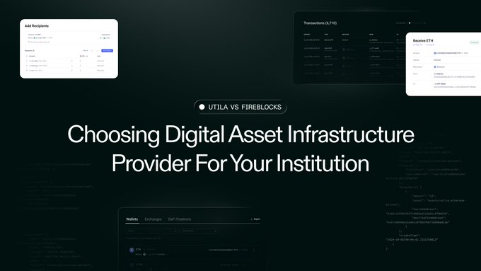A dark-themed promotional graphic comparing "UTILA VS FIREBLOCKS" titled "Choosing Digital Asset Infrastructure Provider For Your Institution," showing UI screenshots of both platforms.